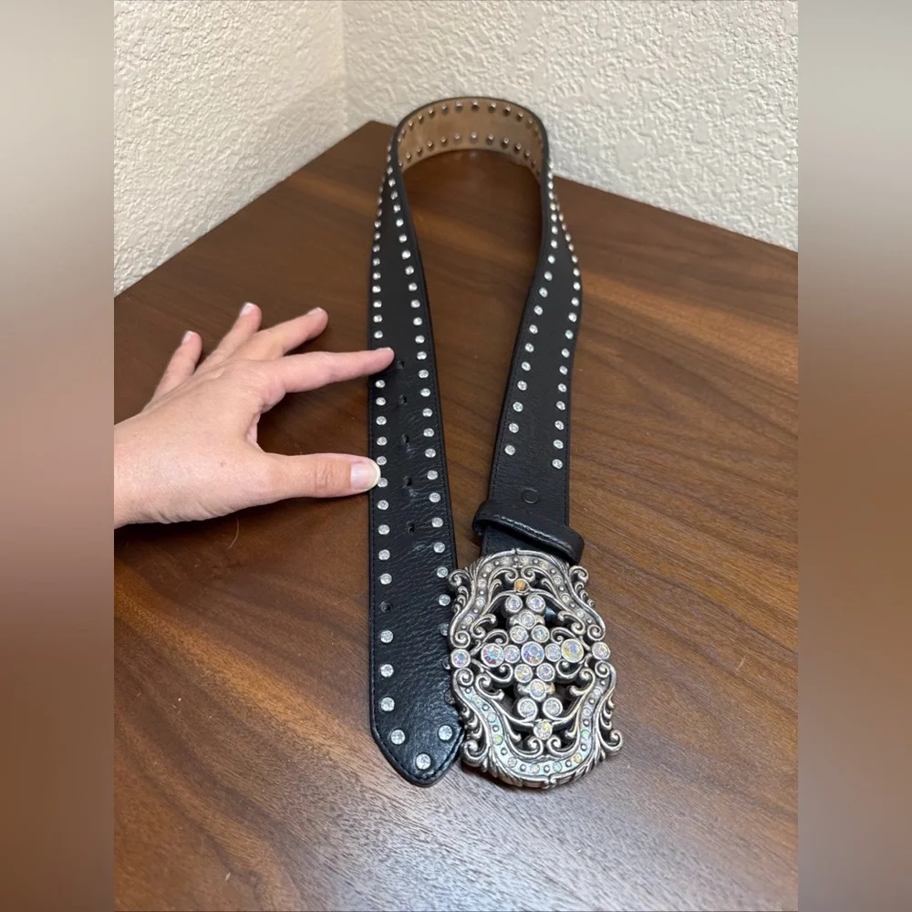 Tony Lama Black Leather Belt with Ornate Silver-Tone Rhinestone Cross Buckle